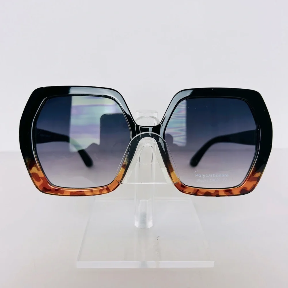 Sunglasses Women's Black Leopard With Gold Hexagon Shaped Oversized Shades NEW